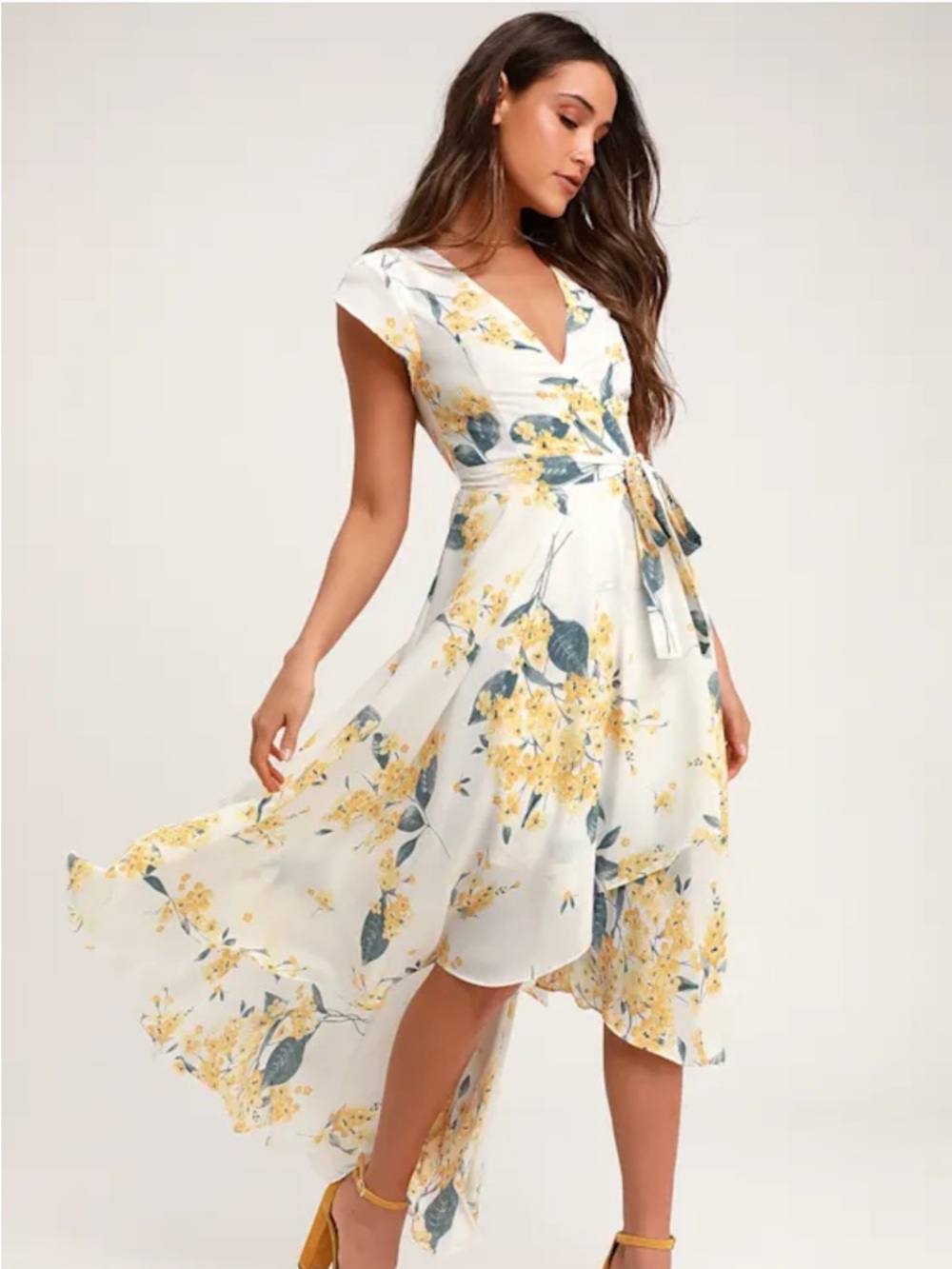 Lulu's White & Yellow Floral High-Low Wrap Dress